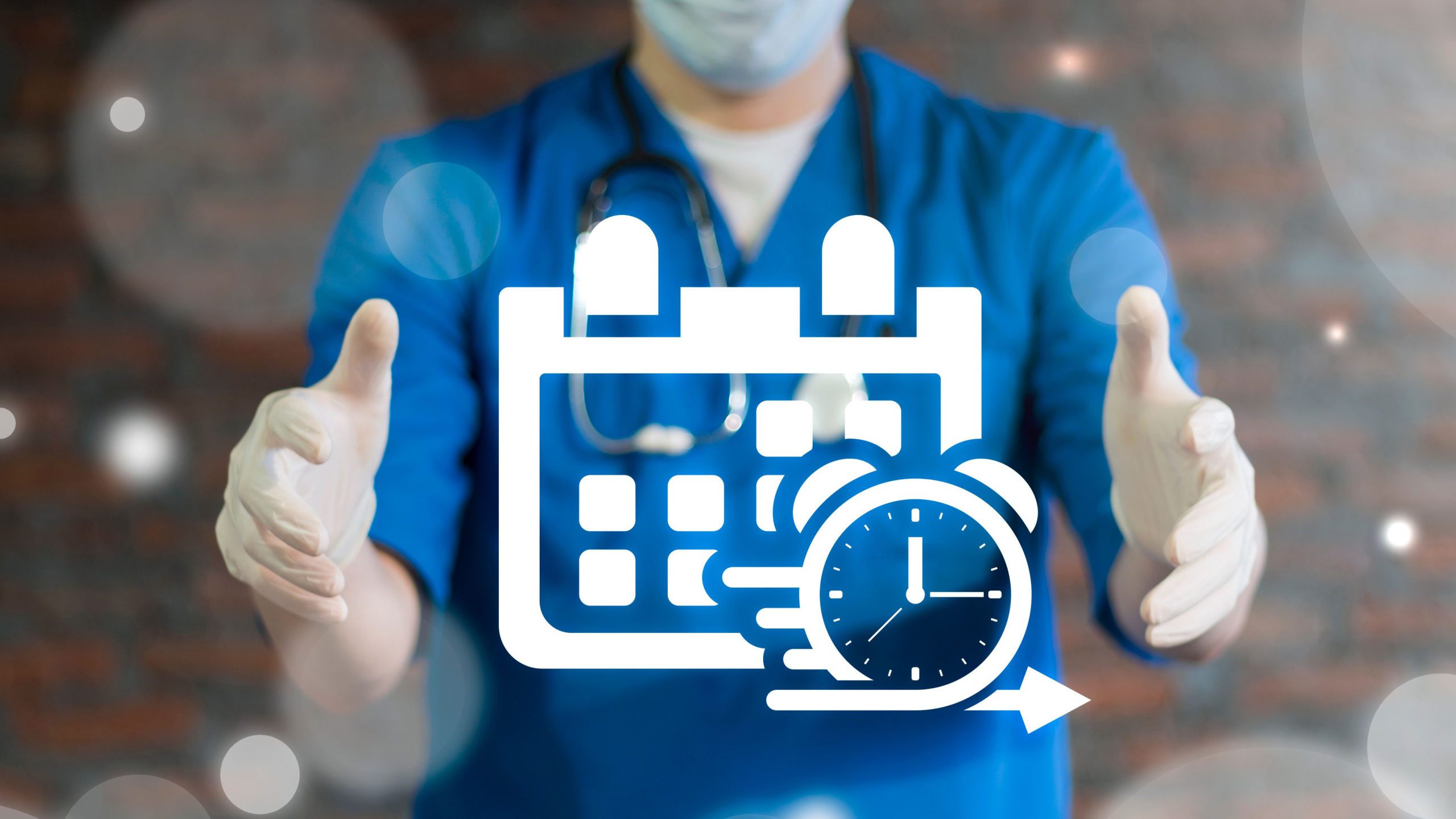 A doctor in scrubs holding a floating graphic of a calendar.